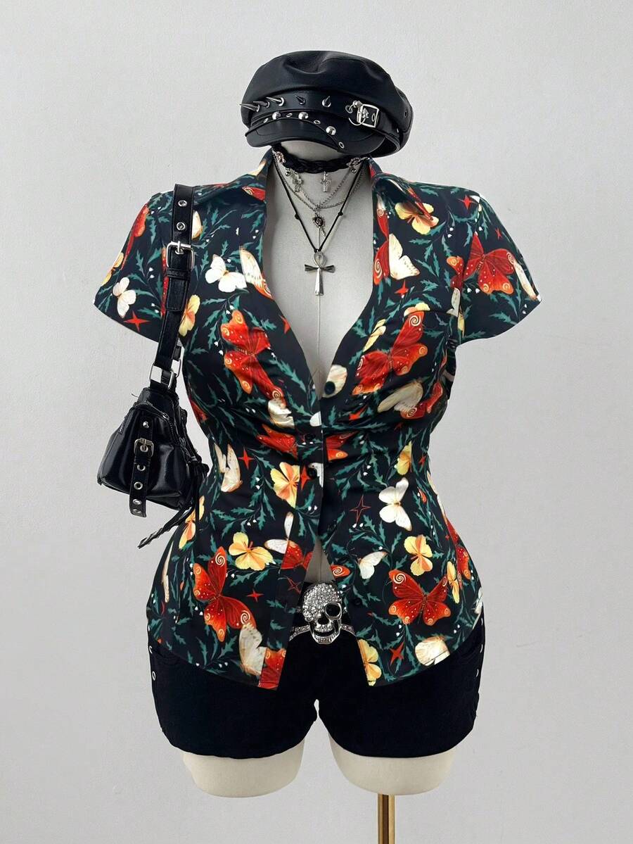 Sunspun Plus Size Plaid Short Sleeve Cinched Casual Shirt - Multicolor - View 1