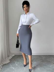 Elenzga Women's Elegant Fitted Pleated Pencil Skirt - Dark Grey - View 3