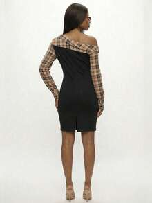 Modviera Plaid Patchwork Oblique Collar Fitted Mid-Length Dress For Women - Multicolor - View 2
