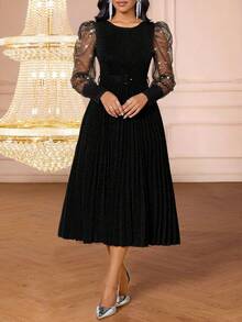 SHEIN Lady Đầm dài tay cổ tròn, thắt eo, xếp ly, thêu họa tiết dành cho nữ. - màu đen - Xem 5