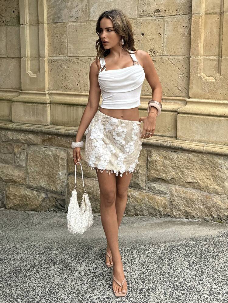 Aloruh Women's White Sequin Mini Skirt For Party Occasions | SHEIN USA