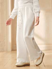 SHEIN Tween Girls' Casual Everyday Commute Versatile Rhinestone Decor Elastic Waist Loose Wide Leg Sweatpants - White - View 4