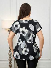 Reflora Áo kiểu dáng thanh lịch cỡ lớn, tay cánh dơi, họa tiết hoa, thắt eo, thích hợp cho mùa hè. - Đen và trắng - Xem 2