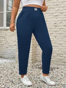 SHEIN PETITE CURVE Plus Size Women's Letter Embroidered Pockets Casual Tapered Pants - Royal Blue - View 5