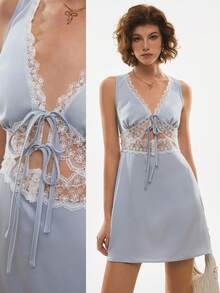 Poéselle 女士撞色蕾丝前系带深V性感无袖迷你连衣裙 - 藍色 - 查看 1