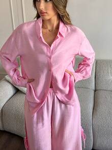 HautHeat Women Solid Color Long Sleeve Top And Pants Pajama Set - Pink - View 5