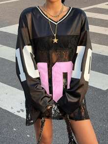 Muchica 女士黑色网眼拼接数字印花透视长袖T恤 - 彩色 - 查看 3