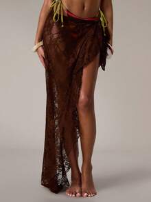 SHEIN BAE Women's Vacation Knotted Waist Ruffle Hem Cover-Up Skirt - Brown - View 4