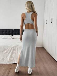 SHEIN EZwear 女士灰色针织露背无袖修身连衣裙，长款修身连衣裙，无袖长裙，舒适长裙，灰色长裙，露背镂空连衣裙，露背长裙，无袖吊带裙，女装连衣裙，女士夏季连衣裙，修身长裙 - 灰色 - 查看 2