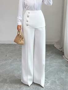 SHEIN Elenzya 女士优雅白色休闲裤，适合工作和日常穿着，金属手工装饰设计，春夏款 - 白色 - 查看 4
