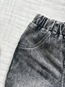 Vintaside Kids Vintage Style Newborn Baby Denim Pants,Classic Washed Blue Loose Fit Jeans With Fake Pockets,Full Elastic Waistband & Button Closure,Comfortable Retro - Light Grey - View 7