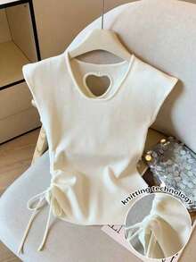 Resyla Women's Solid Color Round Neck Side Drawstring Casual Knit Top - White - View 1