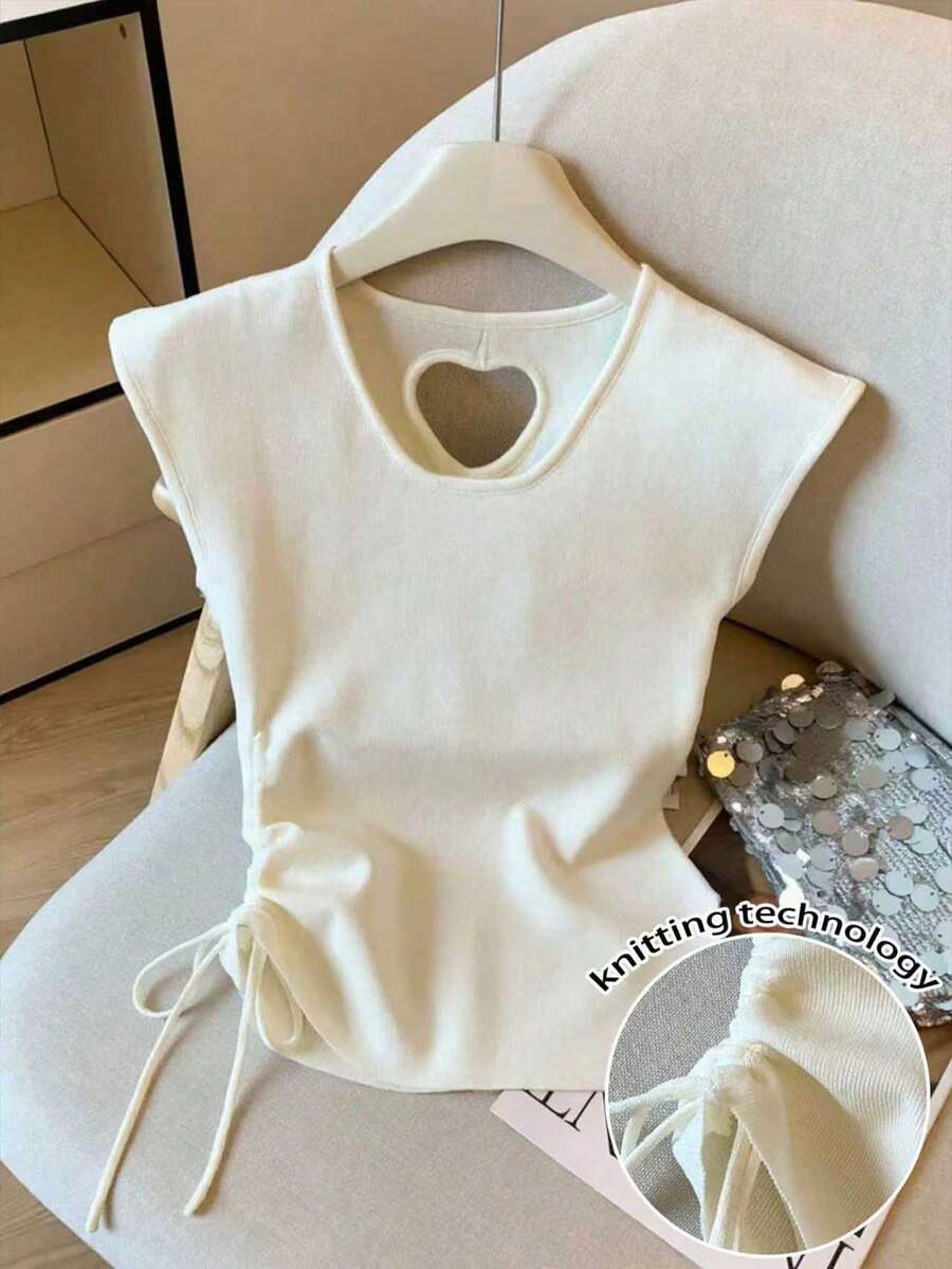 Resyla Women's Solid Color Round Neck Side Drawstring Casual Knit Top - White - View 1