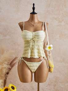 2026新款女士纹理花卉面料弹力蝴蝶结抽绳甜美设计吊带比基尼套装，沙滩派对度假风细肩带系带吊带比基尼套装 - 黃色 - 查看 1