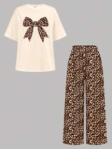 Teen Girls' Casual Fashion Street Style Leopard Print Bow Decor Loose Fit Short Sleeve T-Shirt And Pants Set, Spring/Summer/Autumn - Multicolor - View 2