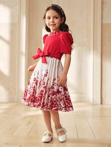 SHEIN Red Polyester Young Girl A Line Midi Dress With Stand Collar And Puff Short Sleeves Flared Hem Plant Pattern For Everyday Casual - Red - View 5