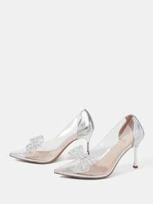 CUCCOO HITCHD Bombas de tacón puntiagudo con decoración de lazo de strass elegante y de moda para uso diario - Gris Claro - Ver 3