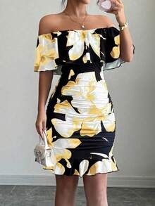 Selianne Tropical Print Off Shoulder Ruffle Trim Ruched Bodycon Dress Vacation Beach Outfits Women - Multicolor - View 4