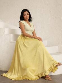 Modelyn Glossy Ruffle Hem Elastic Waist A-Line Flared Elegant Women's Skirt - Mustard Yellow - View 7