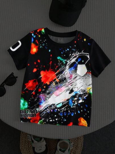 SHEIN Young Boys' Splatter Paint Colorful Football World Cup Graphic Black Crew Neck Short Sleeve T-Shirt, Casual, Comfortable, Versatile, Soft Fabric, Suitable For Daily Wear, Outings, Outdoor, Holidays, Parties, Sports, Football, Spring/Summer