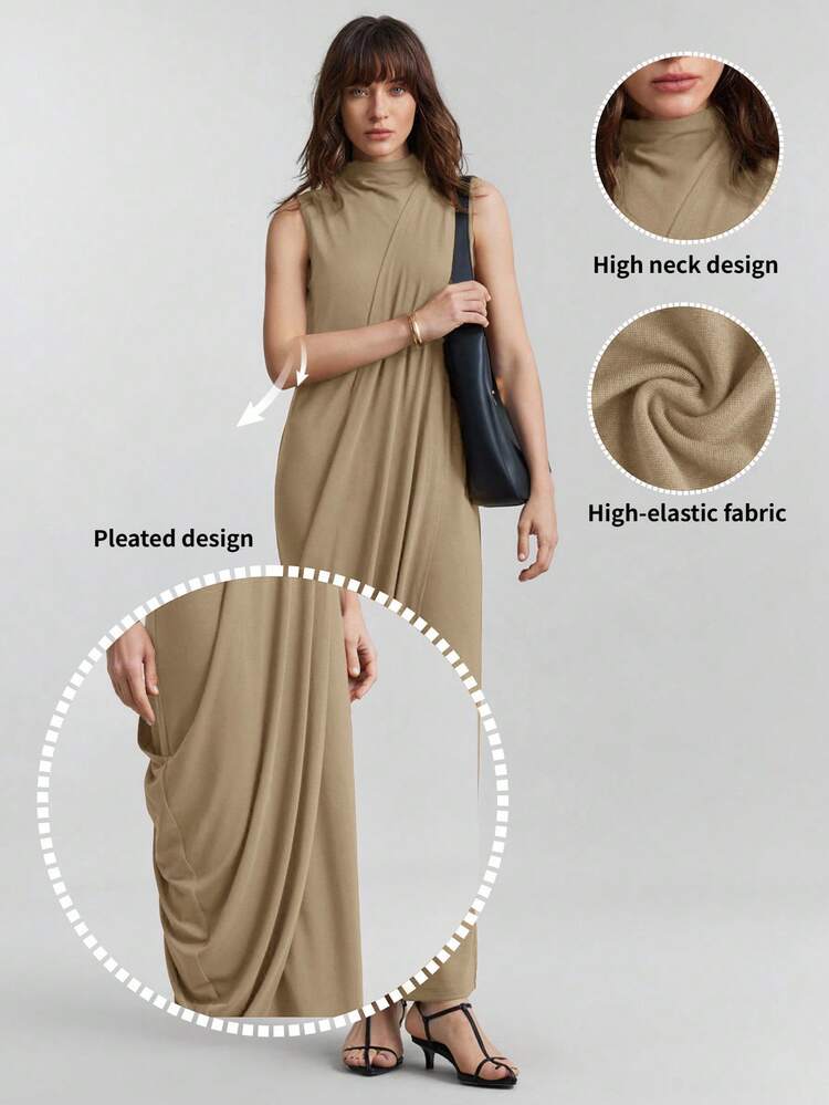 Women's Asymmetric Design Ruched Maxi Dress,Khaki Green,Summer,Casual Elegant Classy,Brunch,Stand Collar Sleeveless Draped Stretchy Wedding Guest Gown