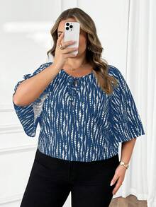 SHEIN CURVE+ 大码女式圆领印花休闲日常中袖衬衫 - 藍色 - 查看 8
