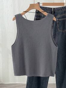 SHEIN Franclia Vintage V-Neck Knit Top,Dark Grey Button Design Textured Ribbed Knit Fabric,Summer Casual School Back-To-School Commute Layering Minimalist Soft Top - Grey - View 2