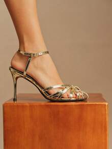 2026新款镂空单带女式凉鞋，装饰搭扣复古编织罗马鞋 - 金色 - 查看 1