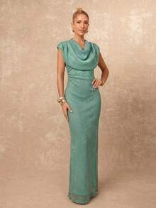 Lumalex 女士纯色褶皱领口收腰优雅连衣裙，适合宴会和派对穿着 - 淺藍色 - 查看 7