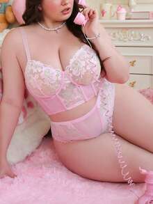 PetitDoll 4pcs Plus Size Sexy & Cute Lace Patchwork Mesh Underwear Set With Underwire Wedding - Pink - View 5