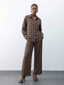 Maija Women's Geometric Print Elastic Waist Wide Leg Loose Pants - Brown - View 6