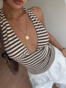 Siren Gaze 棕色条纹露背吊带上衣，春夏款 - 棕色 - 查看 1