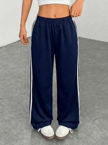 SHEIN EZwear 大码女式休闲藏蓝色侧条纹裤，简约时尚，适合日常休闲穿着、毕业季、返校季、毕业典礼、女教师着装等场合。宽松运动裤，阔腿运动裤，条纹运动裤，藏蓝色运动裤。 - 藏蓝色 - 查看 5