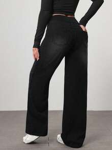 SHEIN Essnce Women's Solid Color Minimalist Basic Casual Everyday High Stretch Jeans Everyday Black Summer - Black - View 2