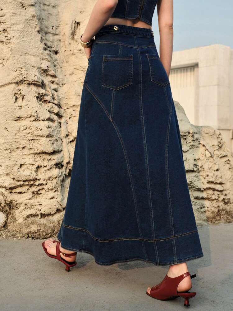 SINGLE BREASTED PLACKET SLANT POCKET DENIM SKIRT