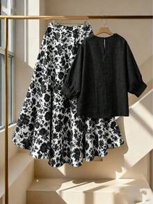 EMERY ROSE Plus Size Linen Retro Style Digital Print Set - Black - View 4