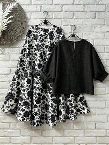 EMERY ROSE Plus Size Linen Retro Style Digital Print Set - Black - View 3