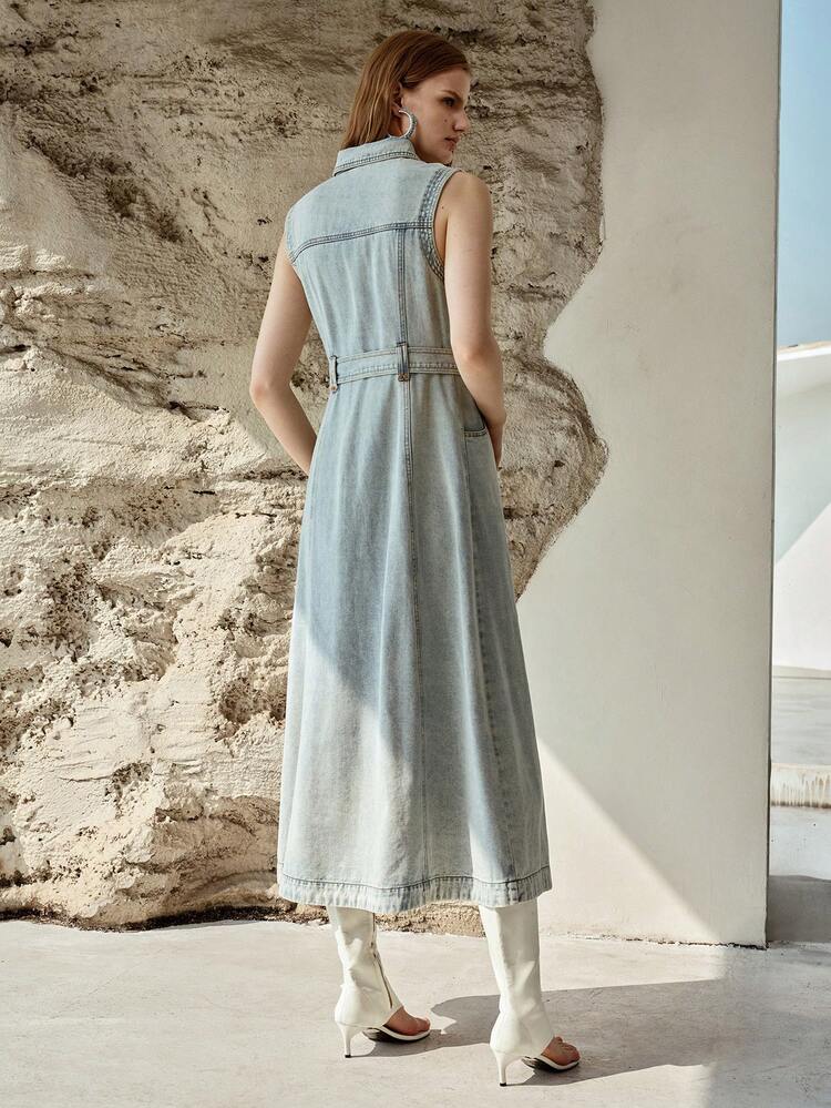 WOMEN'S CASUAL EVERYDAY COMMUTE SINGLE-BREASTED BELTED WAIST SLEEVELESS DENIM DRESS, SUMMER