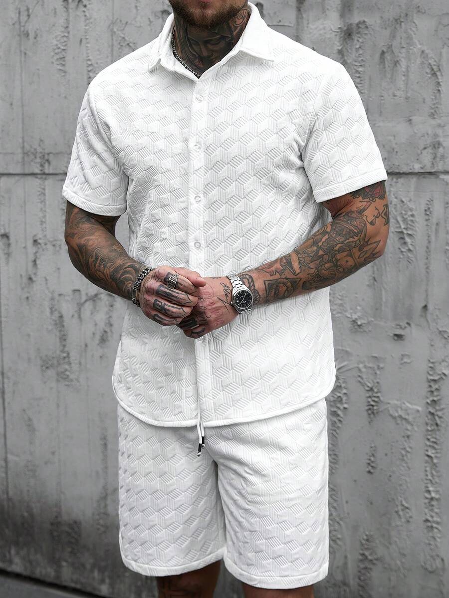Manfinity Homme Men's Solid Color Button-Front Short Sleeve Shirt And Drawstring Waist Shorts 2 Piece Set,White Summer Casual City Break Men's Outfits - White - View 1