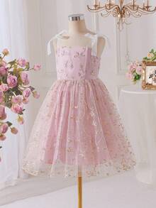 SHEIN Pitira Tween Girl Woven Solid Color Mesh Embroidered Floral Slip Dress - Pink - View 5