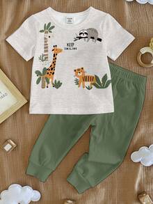 SHEIN Young Boy Casual Snug Fit Round Neck Short Sleeve Pants Pajama Set, Comfortable Spring/Summer Homewear With Classic Animal Park Giraffe, Tiger, Sloth Graphic Print - Multicolor - View 2