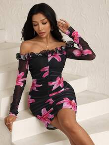 Modelyn Black Mesh Floral Print Ruffle Off Shoulder Pleated Waist Slim Elegant Sexy Summer Vacation French Style Dress For Women Women Sexy Dress Orchid Dress Sexy Curve Dress - Black - View 3