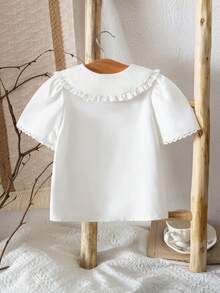 Elladie kids 女童休闲简约白色蕾丝边短袖衬衫，百搭时尚春夏新品，校园风 - 白色 - 查看 4