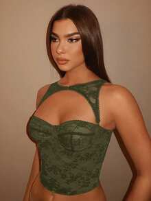 SHEIN BAE 音乐节假日黑色可拆卸束身胸衣上装，演唱会服装 - 軍綠色 - 查看 3