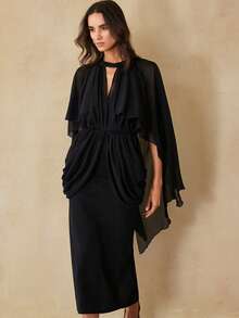 Revavyn Elegant French Style Women's Lightweight Chiffon Collar Tie Decor 2 In 1 Caped Waist Slimming Layered Ruffle Midi Dress For Dates & Parties - Black - View 5