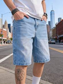 Manfinity VCAY Men's Casual Fashion Street Washed Loose Denim Shorts,Light Wash Blue Jeans Jorts For Summer Daily Commute,Pambahay Style Light Washed Shorts - Blue - View 6