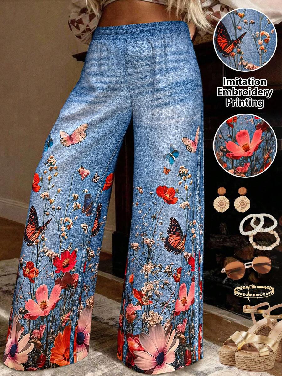 Maweii Plus Size Boho Blue Floral Butterfly Imprinted Long Wide Leg Woven Fabric Pants - Blue - View 1