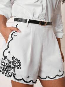 Lilora Chic Women's White Mini Shorts With Black Floral Embroidery And Zipper Closure Woven Fabric - White - View 1