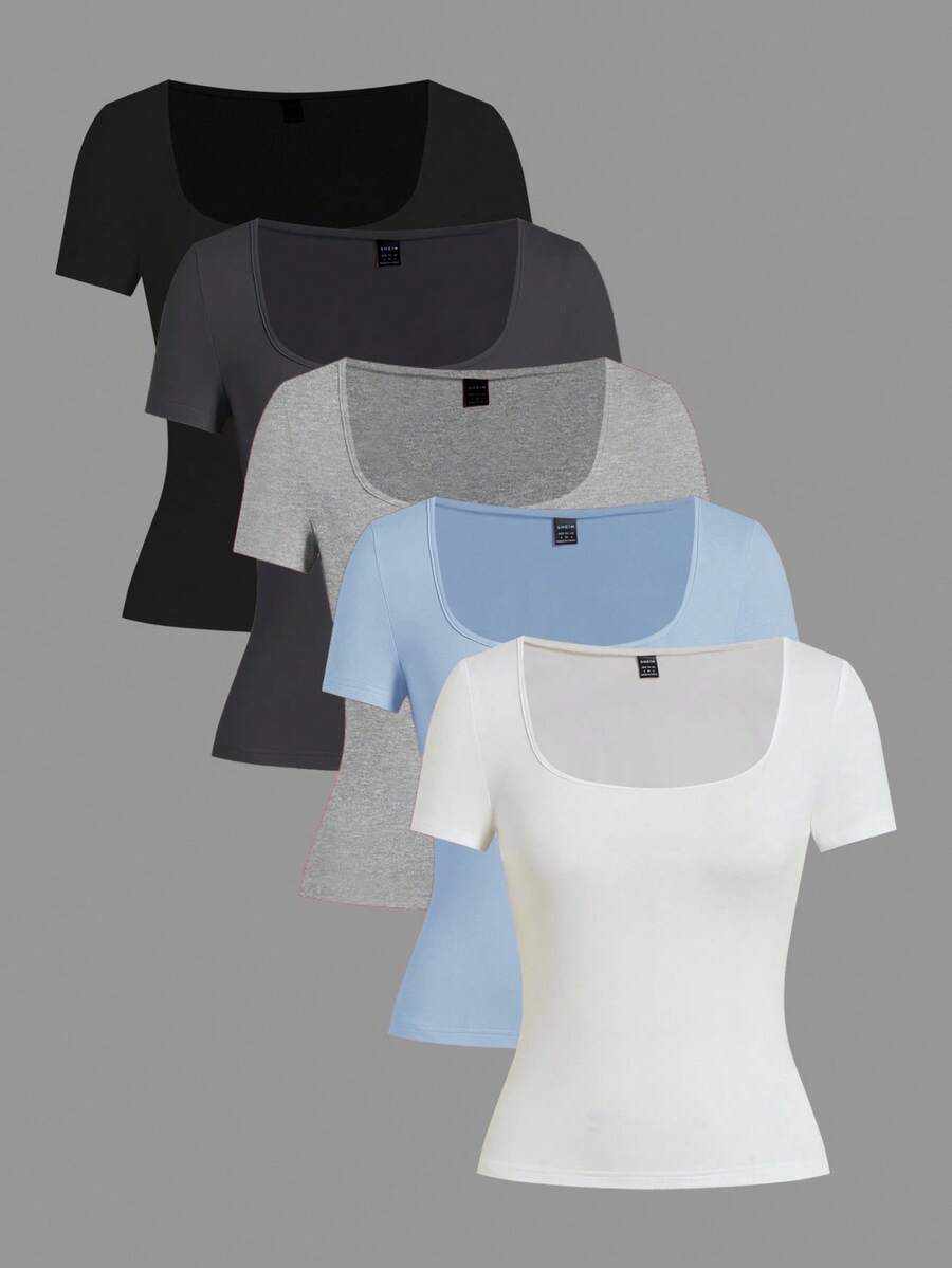 SHEIN EZwear 5pcs/Set Multicolor Knit Women T-Shirts, Spring/Summer - Multicolor - View 1
