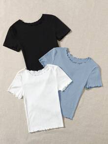 SHEIN EZwear 夏季三件套荷叶边罗纹针织修身打底衫T恤 可爱女式上衣 罗纹上衣 可爱休闲上衣 可爱短袖上衣 棉质短袖上衣 女式上衣 荷叶边上衣 罗纹针织上衣 - 霧霾藍 - 查看 4